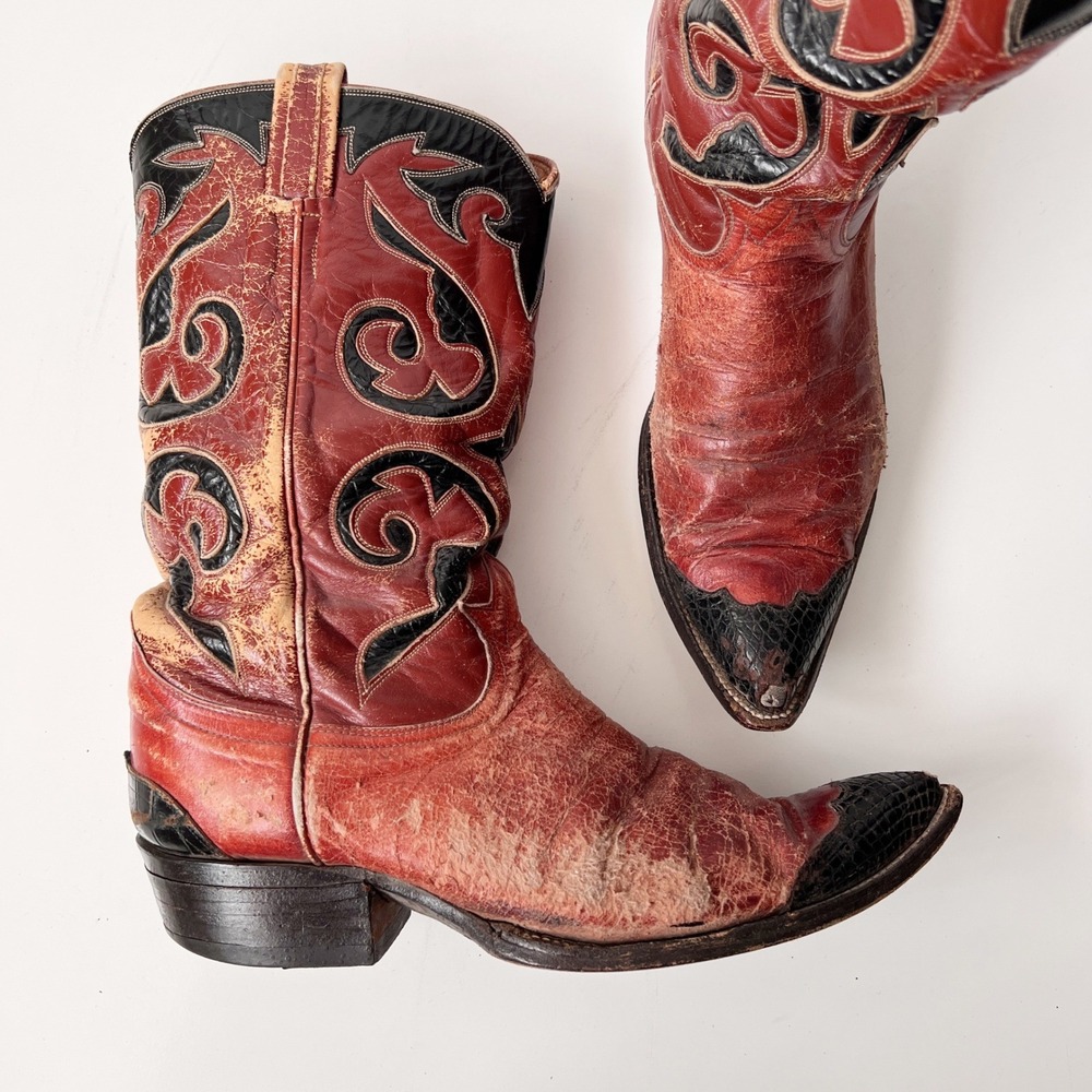 Vintage Tony Lama Cowboy Boots Size 10 Womens Brown Leather Western Distressed